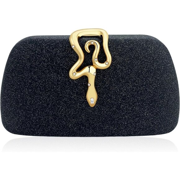 Black Gold Glitter Clutch Purse for Women Evening Bag with Gold Snake Buckle - Picture 1 of 6